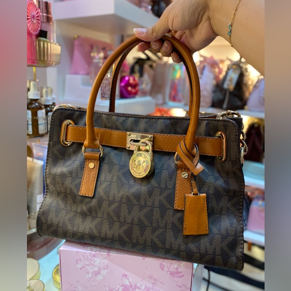 Michael Kors East West Hamilton medium Black and Brown Satchel
